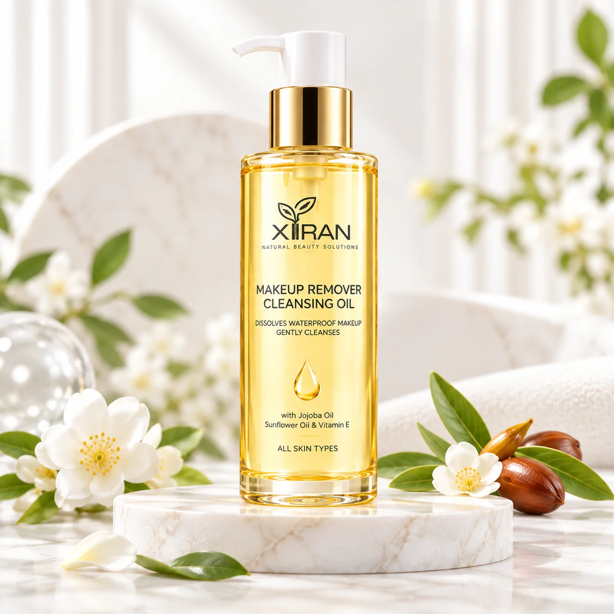 Xiran makeup remover cleansing oil in a sleek pump bottle displayed on a marble surface with flowers and natural oils in the background.